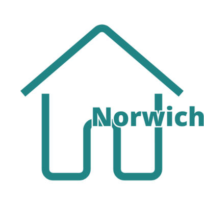 Teal outline of a house with the word ‘Norwich’ in bold text across the centre with transparent background