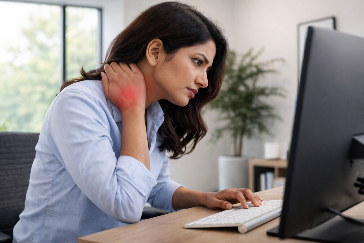 Person seated at a desk with subtle red highlight at the base of the neck indicating discomfort