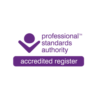 Professional Standards Authority accredited register logo featuring a purple abstract figure and text