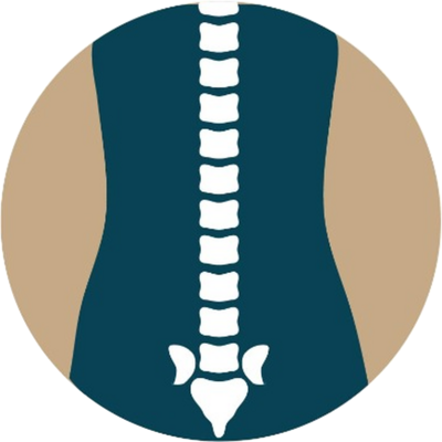 Icon of white spine logo surrounded by tan circle
