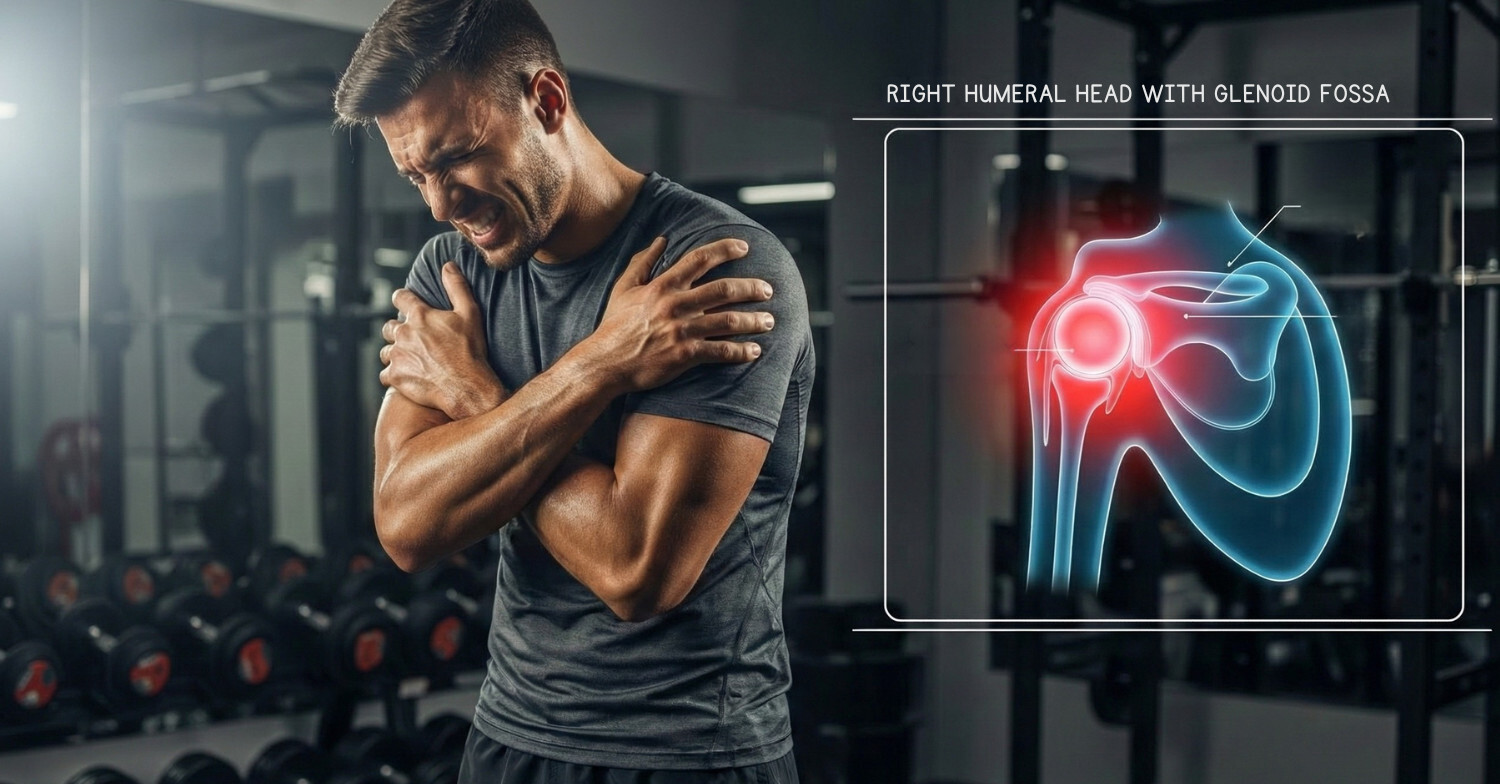 Man in gym grimacing while holding his shoulder, with anatomical diagram overlay showing the humeral head and glenoid fossa of the shoulder joint, highlighting areas of pain and inflammation.