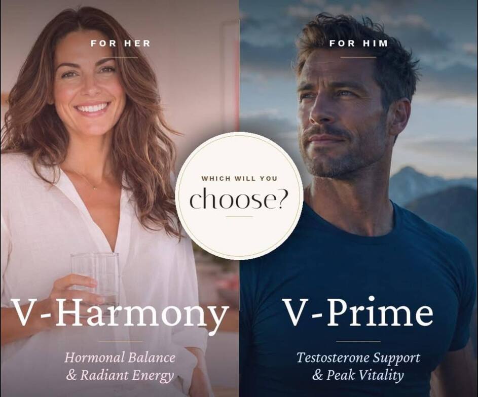 Hormonal wellness support supplements for women and men featuring Vital Health V-Harmony and V-Prime, promoting energy, vitality, mood balance, healthy aging, and overall wellness in Augusta GA.