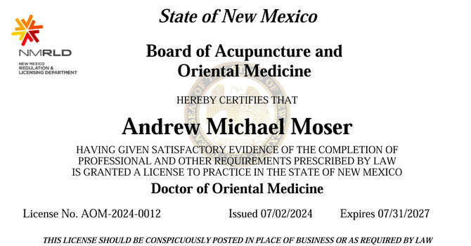 2026-2027 New Mexico - Doctor of Oriental Medicine (DOM) License