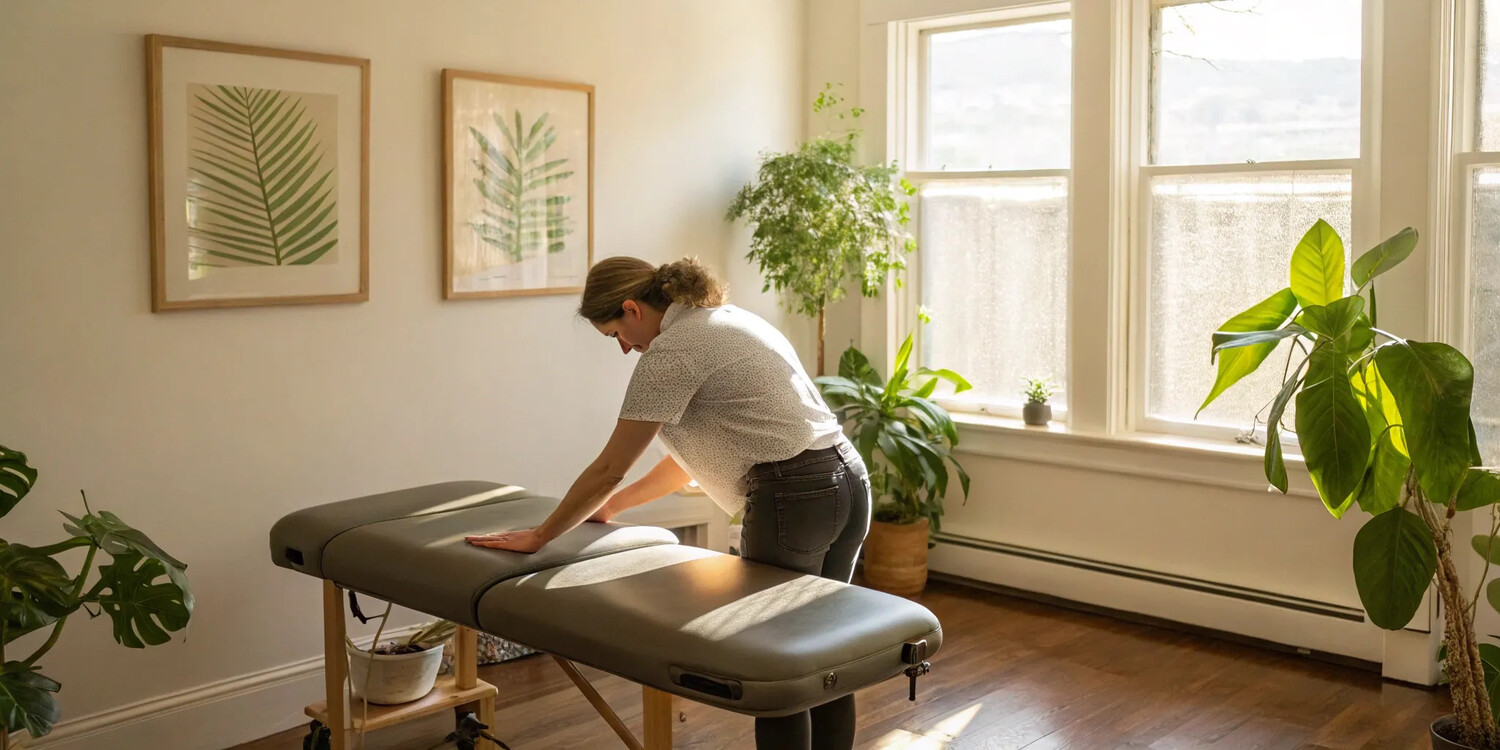 Atlanta chiropractor prepares a treatment table for a patient seeking chiropractic pain relief.