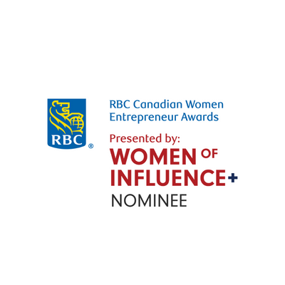 RBC Women of Influence Nominee logo written in blue red and gold with white background. Royal Bank of Canada logo in center left.
