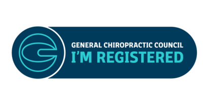 A dark blue badge with a light blue circular logo and text that reads 'GENERAL CHIROPRACTIC COUNCIL I'M REGISTERED'.