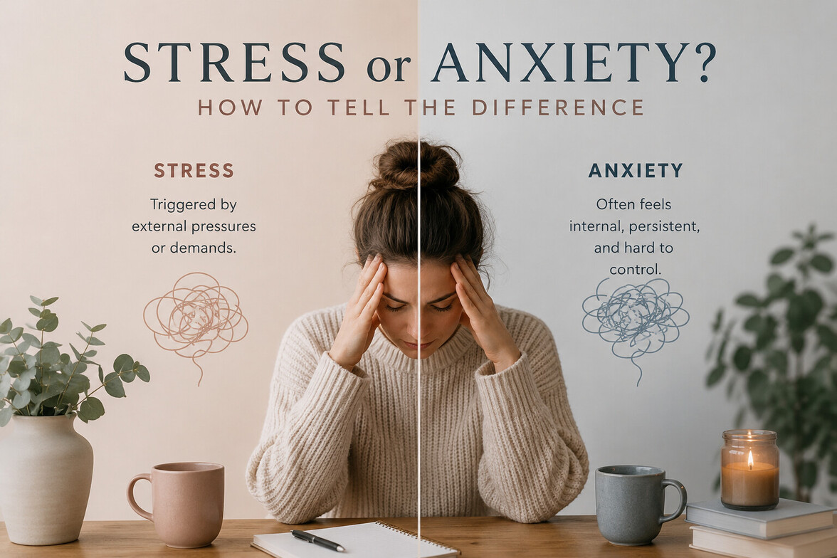 Woman experiencing stress and anxiety while learning the difference between stress and anxiety symptoms