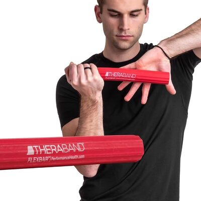 Man holding red resistance exercise tube