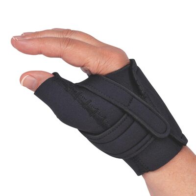 Right wrist and thumb with compressive black brace