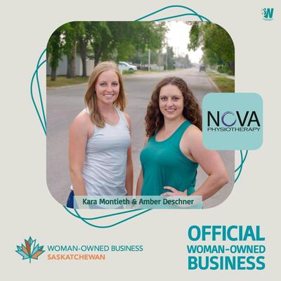Owners Amber and Kara of Nova Physiotherapy in Warman standing on a road wearing blue and white shirts. Teal lettering and outline graphics featured around center image of owners with Women Owned Business Saskatchewan logo in bottom left corner.