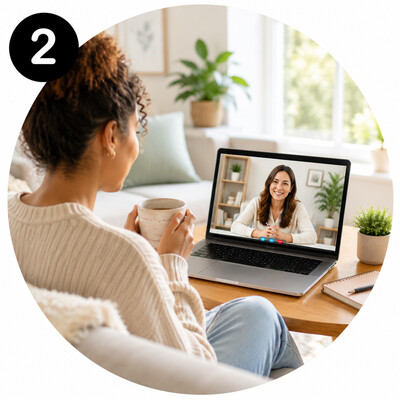 Client participating in a virtual psychotherapy session from home with a therapist on a laptop, representing accessible and compassionate online mental health care.