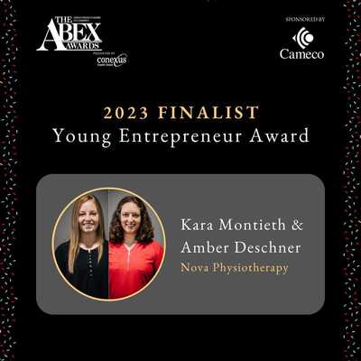 2023 Finalist for Young Entrepreneur Award poster for Abex awards. Owners of Nova Physiotherapy in Warman are pictured in the poster.
