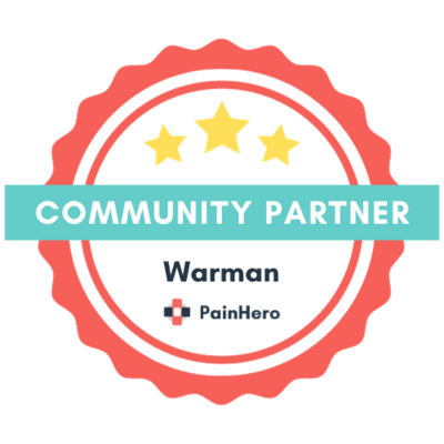 Official seal of Warman Pain Hero community partner. Circular outline in coral with three stars at the top with the community partner label on a teal banner background across the circle.
