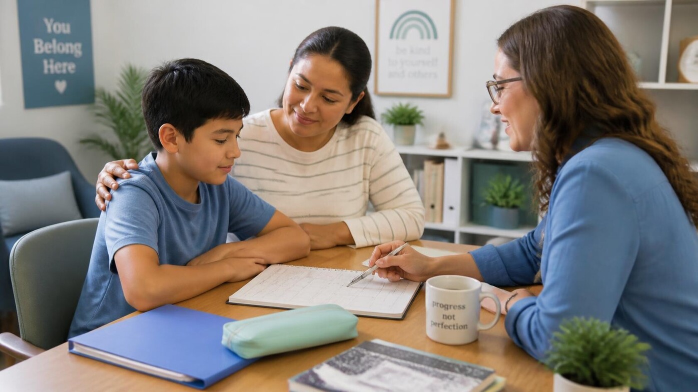 Child and adults planning a return to school Therapy support for school refusal recovery Parent, therapist, and child discussing school return