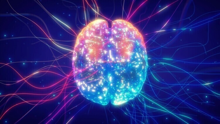 Digital illustration highlighting the brain's electrical currents and neural pathways during neuroplasticity and cognitive adaptation.