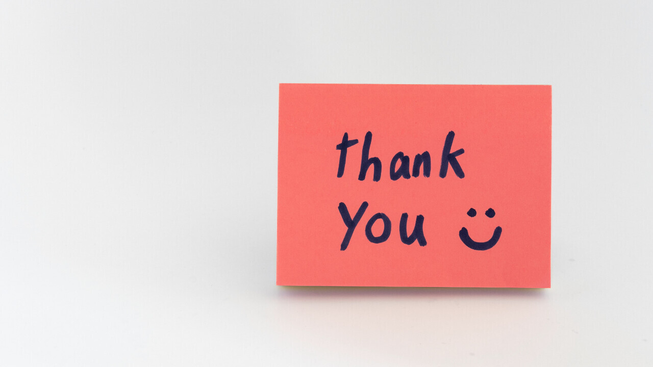 A sticky note that says thank you