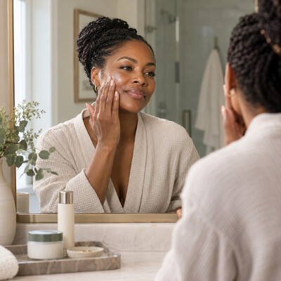 Woman applying at home skincare in mirror