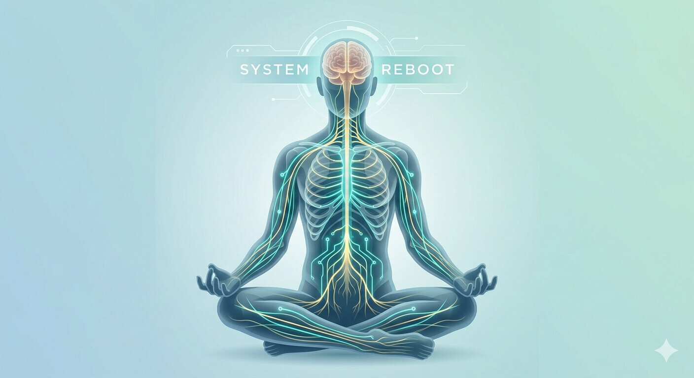 A graphic of someone sitting in meditation, showing their nervous system rebooting