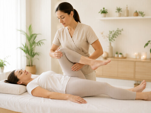 Practitioner assisting a client with a leg stretch