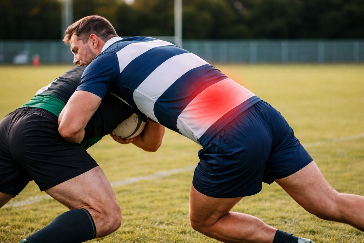 Rugby player mid-tackle with subtle red highlight on lower back