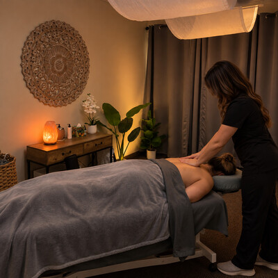 Massage therapist working on a patient's shoulders and upper back