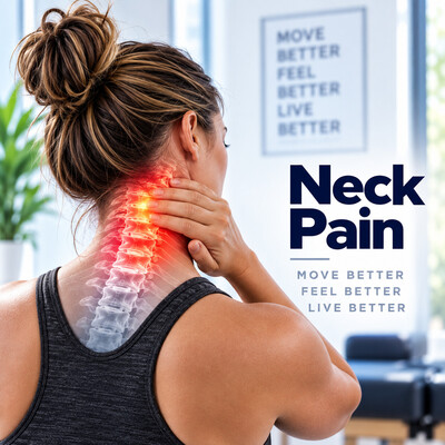 Link to: Woman holding her neck with the cervical spine highlighted