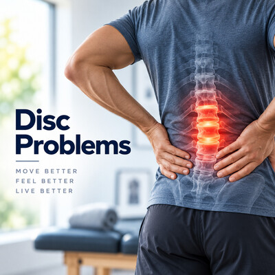 Man holding his lower back with the lumbar spine and spinal discs highlighted