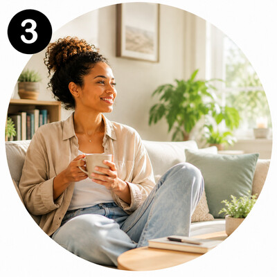 Person relaxing in a comfortable home setting, representing self-care, emotional well-being, and accessible virtual psychotherapy support.