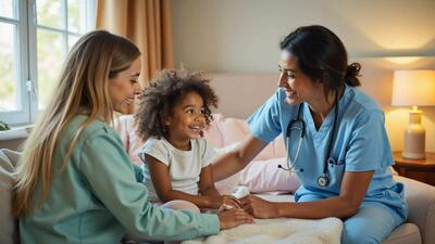 Nurse discussing care with mother and child