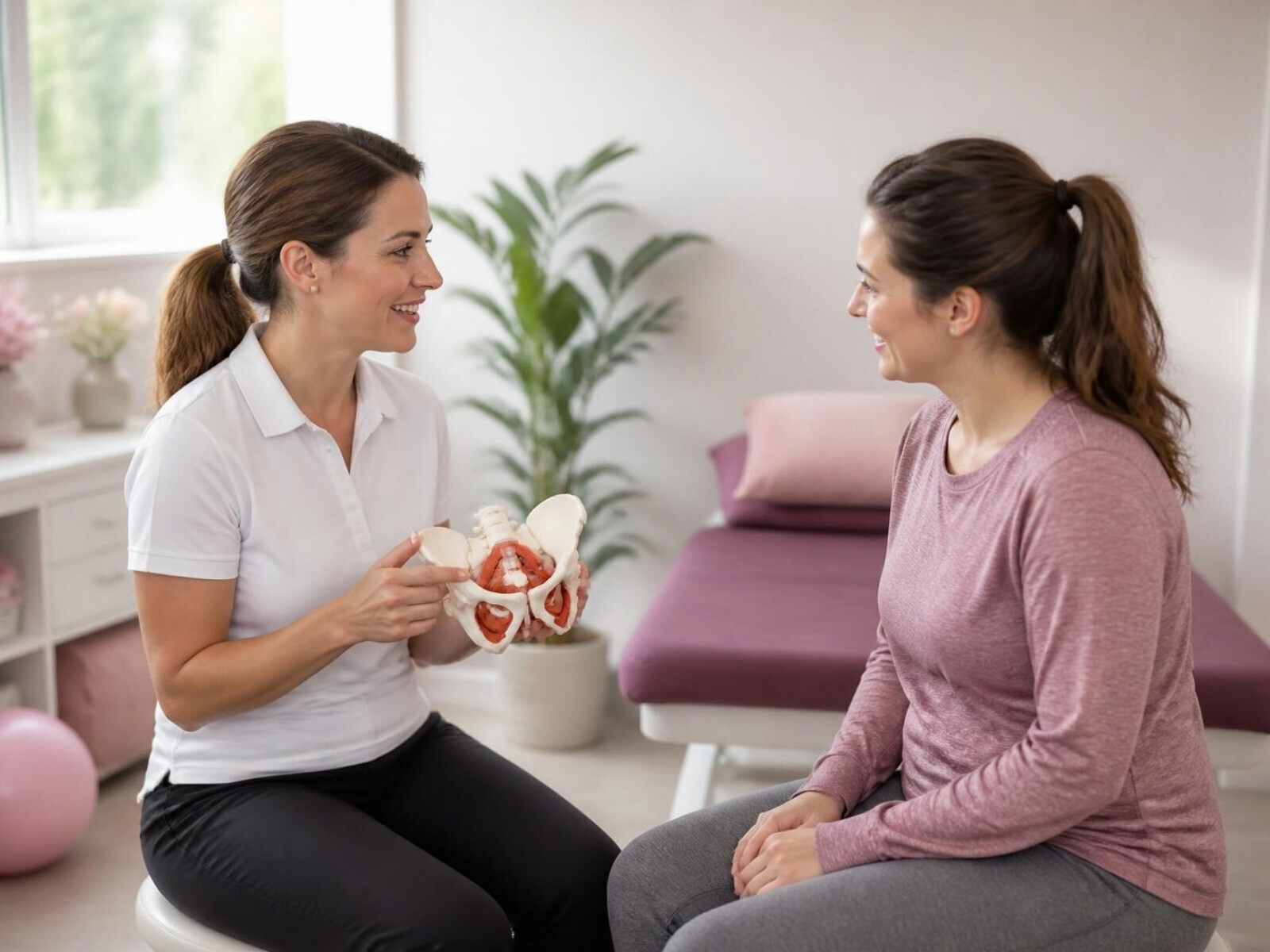 Physiotherapist explaining a pelvic floor model to a new mother