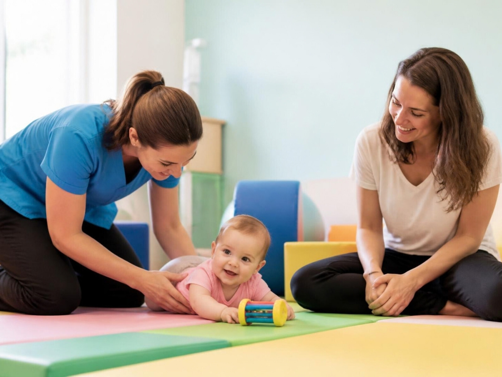 Physiotherapist helping a baby with tummy time while mom watches