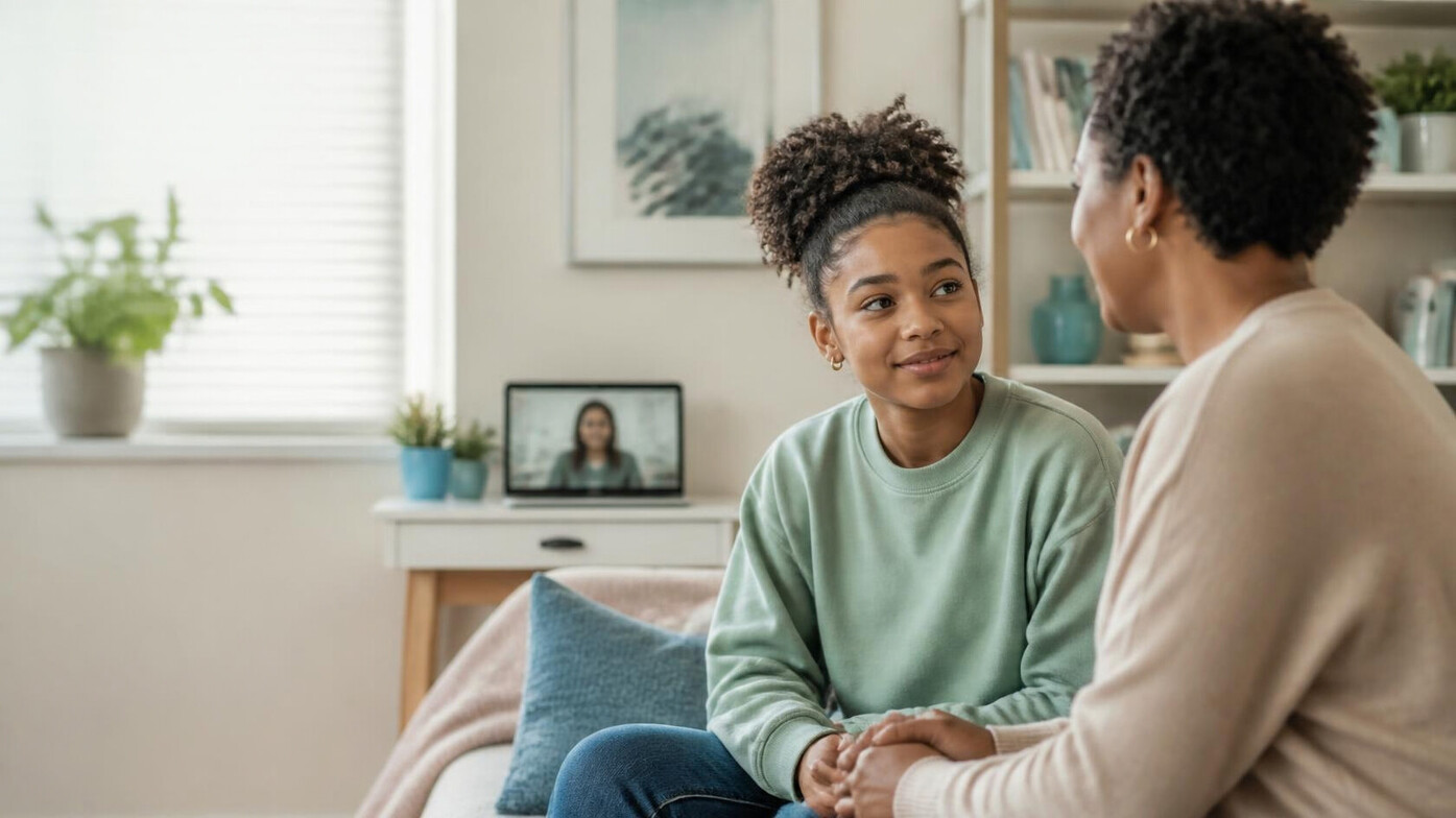 Teenager and adult having a supportive conversation on a couch in a bright home