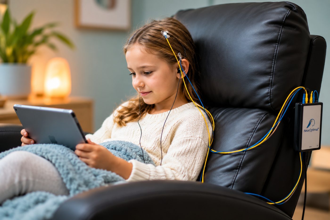 A girl relaxing in a recliner with a tablet during a neurofeedback session