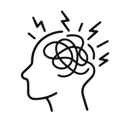 Black line illustration of a human head with tangled thoughts and stress symbols representing anxiety and burnout.