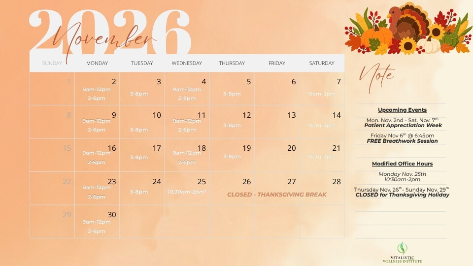 Vitalistic Wellness - November 2026 Calendar