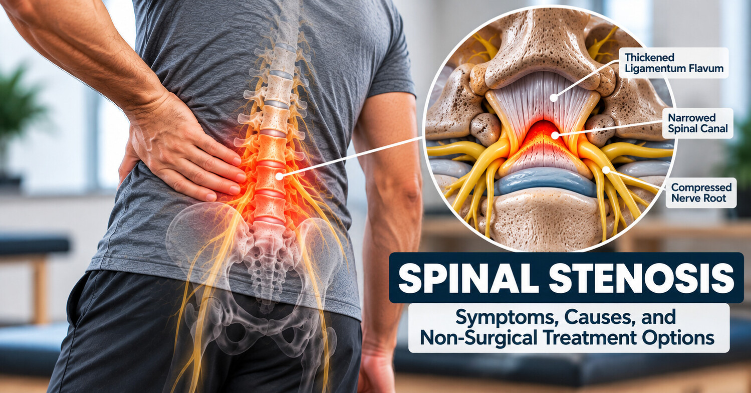 Illustration of lumbar spinal stenosis showing spinal canal narrowing and associated nerve compression